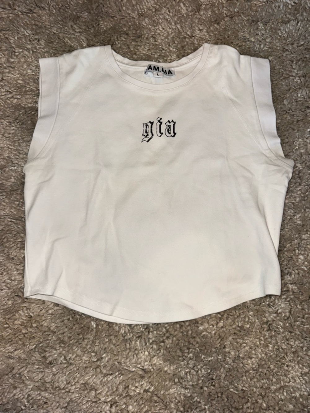 I.AM.GIA White Crop Tank with Black 'gia' Embroidery
